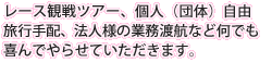 レース観戦ツアー、個人（団体）自由旅行手配、法人様の業務渡航など豊富にご用意しています。